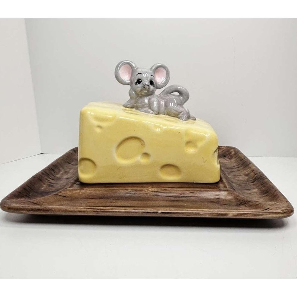 Vintage MCM Ceramic Cheese & Cracker Plate with Cheese Mouse Lid 10.5" x 9"